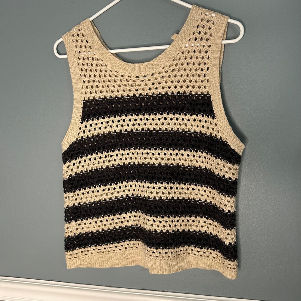 Hem & Thread Beige Black Striped Crochet Knit Tie Back Sweater tank top Medium
